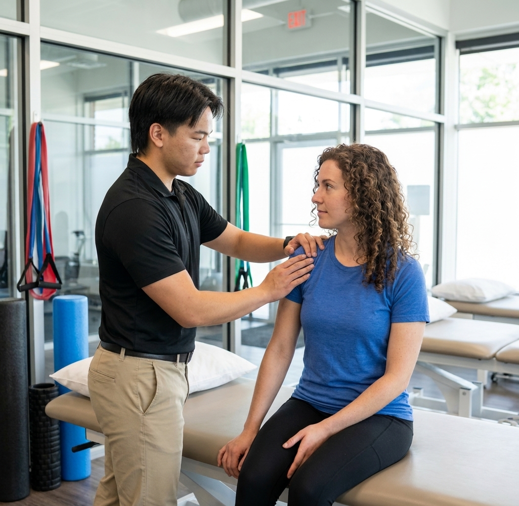 Patient working with a provider at a performance physical therapy clinic in Wexford, PA during a functional movement assessment