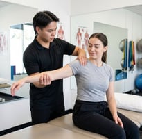 Physical therapist performing manual shoulder assessment on a patient at a performance physical therapy clinic in Wexford