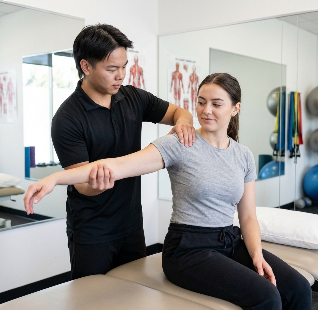 Physical therapist performing manual shoulder assessment on a patient at a performance physical therapy clinic in Wexford