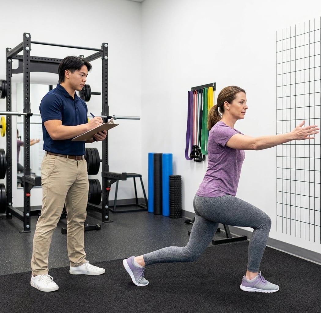 Patient working with a provider at a performance physical therapy clinic in Wexford, PA during a functional movement assessment
